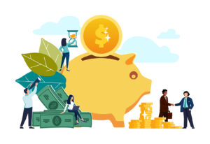 Saving into a Piggy Bank. Small people putting money into Banking to Save and Bank Interest for return on investment ROI. Character concept vector illustration for Web landing page, Mobile Apps, finance, symbol, sign, corporate, creative, flat, element, p