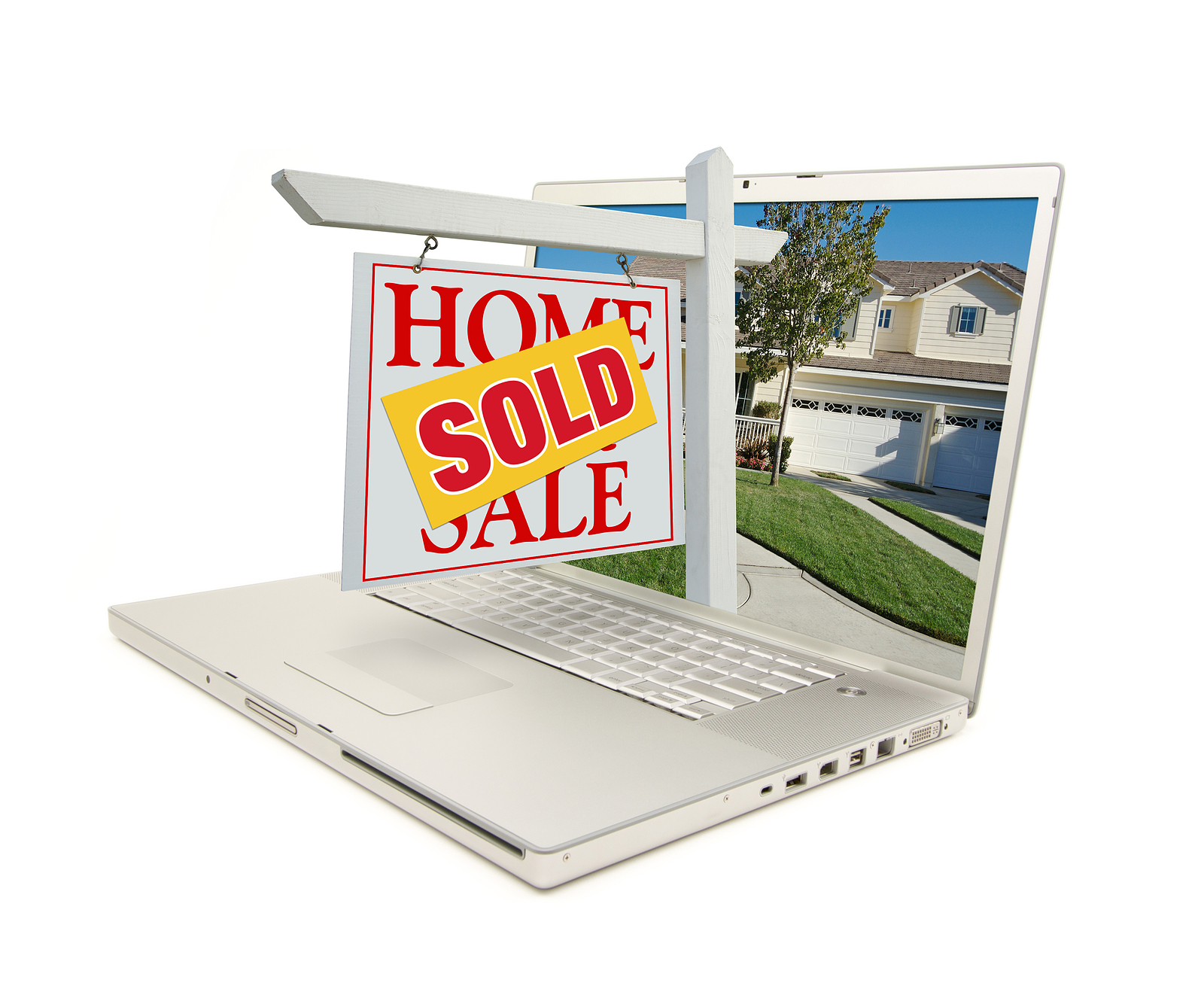 Red Sold Home For Sale Sign on Laptop Isolated on a White Background.