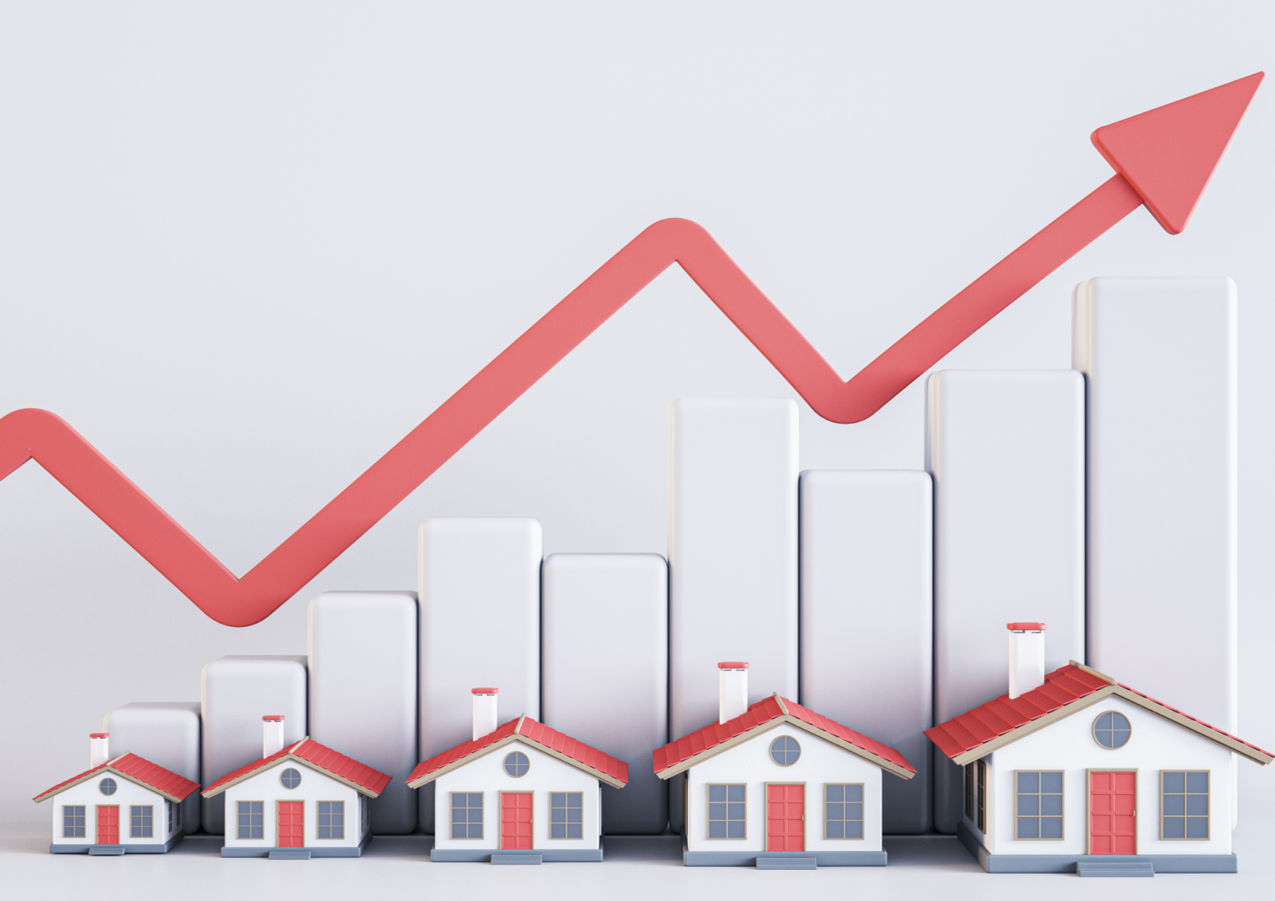 a representation of the real estate market. Homes in a row with a red arrow going up and down