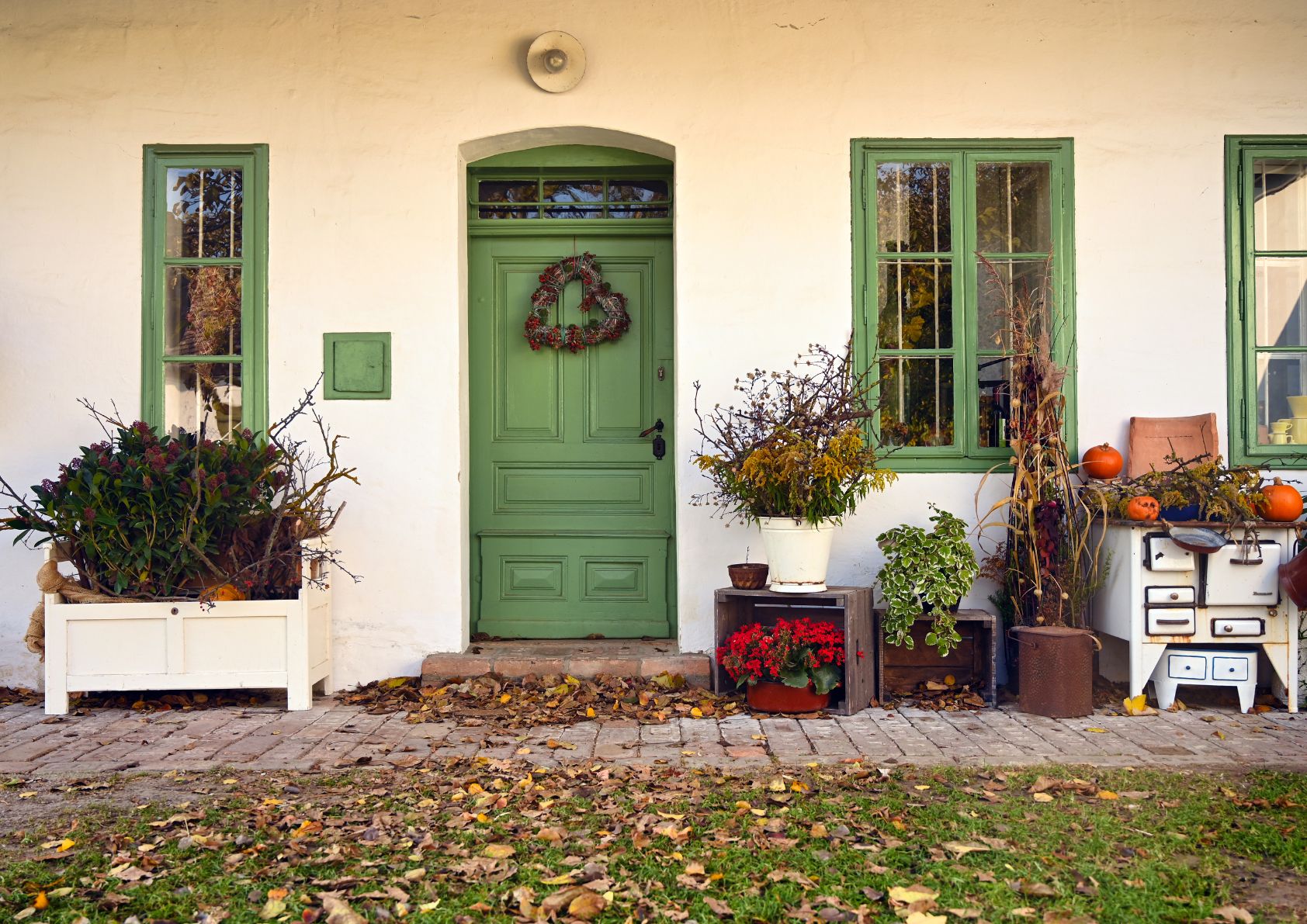 home exterior with the close up on the door and windows during fall/winter.