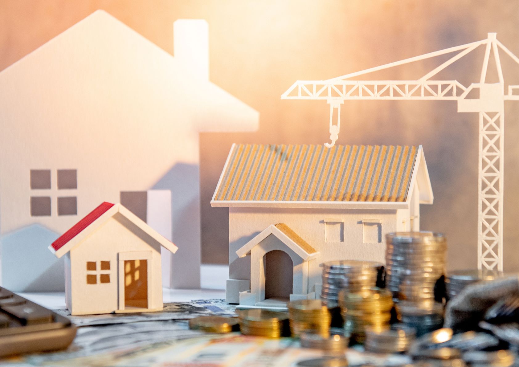 Real estate market depiction with paper homes, a crane, stacks of coins and a calculator. 